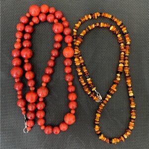 Elegant Sponge Coral Beaded and Amber Multi Chip Necklace Set